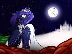 Size: 800x600 | Tagged: artist:ruby-sunrise, clothes, dead source, derpibooru import, dress, looking back, moon, princess luna, safe, solo