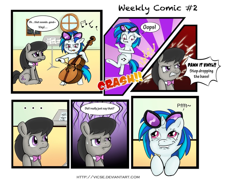 Size: 4737x3803 | Tagged: artist:vicse, cello, comic, derpibooru import, drop the bass, musical instrument, octavia melody, pun, safe, vinyl scratch