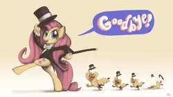 Size: 3200x1800 | Tagged: safe, artist:docwario, derpibooru import, fluttershy, bird, duck, pegasus, pony, bipedal, cane, clothes, ducks in a row, faceplant, female, goodbye, gradient background, hat, hoof hold, mare, parade of ducks, top hat, tripped, tuxedo, wallpaper