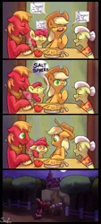 Size: 749x1655 | Tagged: safe, artist:siden, derpibooru import, apple bloom, applejack, big macintosh, granny smith, earth pony, pony, :t, abuse, apple, applebuse, bindle, comic, cowboy hat, dishonorapple, disowned, eyes closed, floppy ears, food, frown, hat, heresy, intolerance, male, pie, salt sphere, smiling, stallion, stetson, sugarcube, surprised, wide eyes