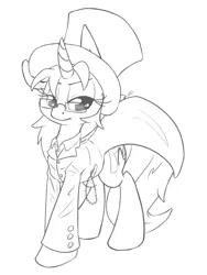 Size: 1915x2550 | Tagged: safe, artist:leadhooves, derpibooru import, oc, oc:kneaded rubber, unofficial characters only, pony, unicorn, clothes, dapper, glasses, grayscale, hat, monochrome, simple background, solo, top hat