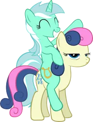 Size: 3830x5000 | Tagged: safe, artist:artpwny, derpibooru import, bon bon, lyra heartstrings, sweetie drops, earth pony, pony, unicorn, absurd resolution, bipedal, bon bon is not amused, cute, duo, excited, eyes closed, female, frown, glare, grin, happy, lidded eyes, lyrabetes, mare, ponies riding ponies, raised hoof, riding, simple background, smiling, squee, transparent background, unamused, vector