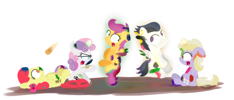 Size: 4200x1800 | Tagged: apple bloom, artist:dtcx97, cutie mark crusaders, derpibooru import, dinky hooves, glasses, magic, paint, paint on fur, post-crusade, rumble, safe, scootaloo, sweetie belle