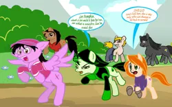 Size: 900x562 | Tagged: safe, artist:nslc, artist:rinacat, derpibooru import, oc, ponified, pony, crossover, kim possible, ron stoppable, shego, sleipnir