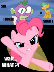 Size: 751x1000 | Tagged: safe, derpibooru import, pinkie pie, snails, spike, dragon, earth pony, pony, snail, unicorn, .mov, party.mov, breaking the fourth wall, colt, female, fourth wall, hotdiggedydemon, male, mare, vulgar, wait what, wtf