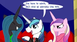 Size: 3000x1652 | Tagged: artist:dazed-and-wandering, bisexual, chrysarmordance, derpibooru import, dialogue, female, lesbian, male, polyamory, princess cadance, queen chrysalis, safe, shining armor, shining armor gets all the mares, shipping, smiling, speech bubble, straight