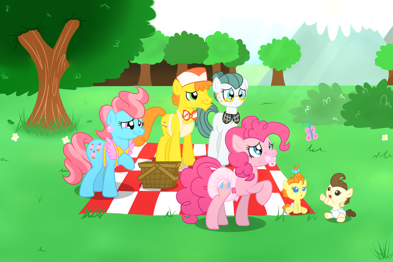 Size: 1650x1100 | Tagged: adult foal, artist:fillyscoots42, cake family, cake twins, carrot cake, cloudy quartz, cup cake, derpibooru import, diaper, diaper fetish, fetish, pacifier, picnic, pinkie pie, poofy diaper, pound cake, pumpkin cake, questionable, siblings, twins