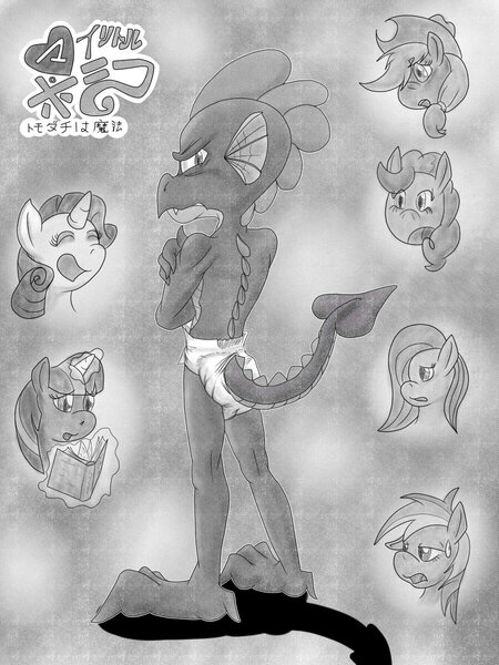 Size: 900x1200 | Tagged: applejack, artist:edisonvorpal, derpibooru import, diaper, diaper fetish, dragon, fetish, fluttershy, mane seven, mane six, monochrome, older, older spike, pinkie pie, questionable, rainbow dash, rarity, spike, teenaged dragon, teenager, teenage spike, twilight sparkle