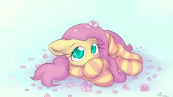Size: 1920x1080 | Tagged: artist:alasou, cherry blossoms, clothes, colored pupils, cute, derpibooru import, ear fluff, flower, flower blossom, flower petals, fluttershy, looking at you, lying down, safe, shyabetes, socks, solo, striped socks, wallpaper