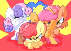 Size: 956x683 | Tagged: apple bloom, artist:nyankamedon, babs seed, cutie mark crusaders, derpibooru import, dragon ball z, ginyu force, parody, pixiv, pose, safe, scootaloo, sweetie belle