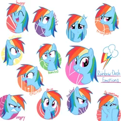 Size: 1000x1000 | Tagged: angry, artist:30clock, bemused, bust, cutie mark, dashface, derpibooru import, excited, expressions, grin, happy, portrait, rainbow dash, restless, sad, safe, simple background, smiling, solo, surprised, triumphant, troubled