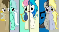 Size: 961x519 | Tagged: safe, artist:pika4chu, derpibooru import, bon bon, derpy hooves, doctor whooves, lyra heartstrings, octavia melody, sweetie drops, time turner, vinyl scratch, earth pony, pegasus, pony, unicorn, background six, cutie mark, female, male, mare, stallion, swapped cutie marks, what my cutie mark is telling me