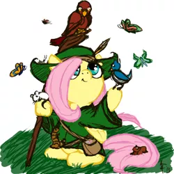 Size: 800x800 | Tagged: safe, artist:aa, derpibooru import, fluttershy, bird, butterfly, mouse, pegasus, pony, bag, clothes, critters, crossover, female, folded wings, hat, looking up, lord of the rings, mare, radagast, robe, sitting, staff, the hobbit, wings, wizard