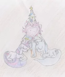 Size: 479x563 | Tagged: artist:unlicensedbrony, christmas, christmas tree, derpibooru import, female, heart, holiday, lesbian, safe, shipping, tree, trixie, twilight sparkle, twixie