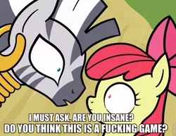 Size: 655x505 | Tagged: apple bloom, artist:mrbastoff, caption, derpibooru import, edit, image macro, safe, text, vulgar, you think this is a motherfucking game, zebra, zecora