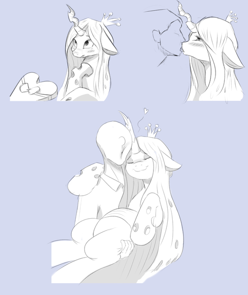 Size: 840x1000 | Tagged: dead source, safe, artist:jalm, derpibooru import, queen chrysalis, oc, oc:anon, human, pony, blushing, carrying, eyes closed, floppy ears, holding a pony, hug, human on pony action, interspecies, kissing, shipping, sketch, sketch dump, smiling