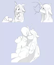 Size: 840x1000 | Tagged: dead source, safe, artist:jalm, derpibooru import, queen chrysalis, oc, oc:anon, human, pony, blushing, carrying, eyes closed, floppy ears, holding a pony, hug, human on pony action, interspecies, kissing, shipping, sketch, sketch dump, smiling