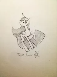 Size: 600x800 | Tagged: safe, artist:murphylaw4me, derpibooru import, twilight sparkle, twilight sparkle (alicorn), alicorn, pony, female, grayscale, mare, monochrome, sketch, solo, traditional art