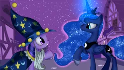 Size: 1500x843 | Tagged: artist:vardastouch, derpibooru import, luna eclipsed, nightmare night, princess luna, safe, scene interpretation, star swirl the bearded, twilight sparkle