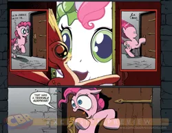 Size: 900x700 | Tagged: derpibooru import, exploitable meme, idw, meme, newborn cuties, obligatory pony, once upon a my little pony time, pinkie pie, safe, surprise door, sweetie belle