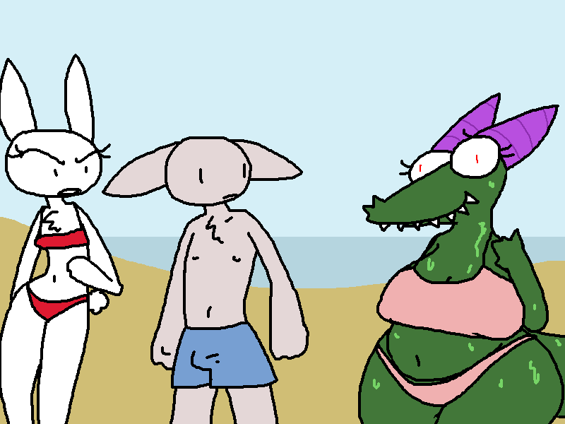 Size: 800x600 | Tagged: animal, anthro, artist:the weaver, beach, bikini, breasts, busty crackle, chubby, clothes, crackle, derpibooru import, dragon, erection, fat, non-mlp oc, oc, penis, rabbit, suggestive, swimsuit