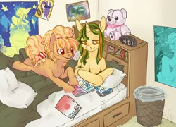 Size: 1000x720 | Tagged: safe, artist:clovercoin, derpibooru import, oc, unofficial characters only, earth pony, pony, unicorn, bed, bedroom, clock, colored pupils, duo, duo female, female, hairband, lying down, magazine, mare, pillow, poster, prone, reading, signature, smiling, tail wrap, talking, teddy bear, trash can, unamused