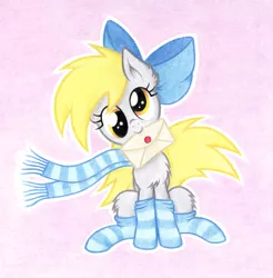 Size: 2000x2032 | Tagged: safe, artist:agamnentzar, derpibooru import, derpy hooves, pegasus, pony, bow, chest fluff, clothes, cute, female, hnnng, letter, mail, mare, mouth hold, scarf, socks, solo, striped socks, traditional art
