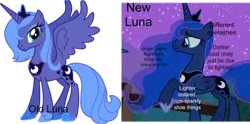 Size: 680x338 | Tagged: safe, derpibooru import, edit, edited screencap, screencap, princess luna, alicorn, pony, luna eclipsed, season 1, season 2, artifact, comparison, female, hoof shoes, jewelry, mare, meta, peytral, s1 luna, text, tiara