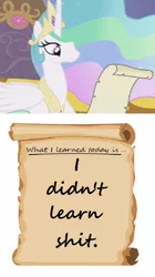 Size: 558x1000 | Tagged: safe, derpibooru import, princess celestia, alicorn, pony, exploitable meme, female, i didn't learn anything, implied applejack, mare, meme, princess celestia's letters for the day, smiling, solo, this will end in tears and/or a journey to the moon, vulgar
