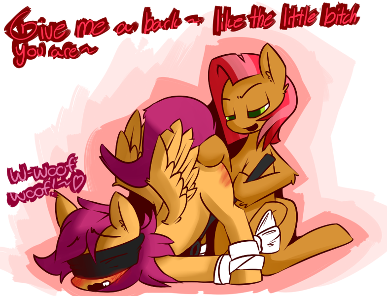 Size: 850x650 | Tagged: suggestive, artist:serendipity-kitty, derpibooru import, babs seed, scootaloo, earth pony, pegasus, pony, babscoot, blindfold, bondage, dialogue, face down ass up, female, filly, foalcon, lesbian, lesboloo, open mouth, pet play, scootapet, shipping, spanking, vulgar