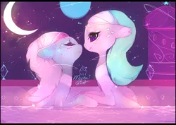 Size: 600x424 | Tagged: aloe, artist:mujinai, bedroom eyes, derpibooru import, eyes closed, female, floppy ears, fluffy, heart, holding hooves, imminent kissing, incest, lesbian, lotus blossom, moon, night, safe, shipping, siblings, sisters, smiling, spa, spacest, spa twins, twincest, twins, water