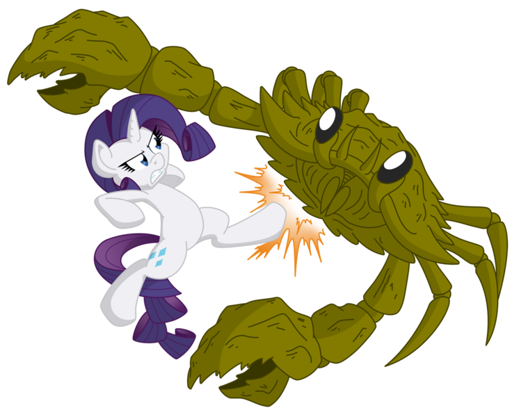 Size: 1492x1200 | Tagged: artist:dfectivedvice, artist:xhazxmatx, colored, crab, derpibooru import, fight, giant crab, kick, rarity, rarity fighting a giant crab, safe, simple background, transparent background, vector