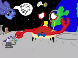 Size: 1600x1200 | Tagged: artist:drakeven, crab, curiosity, derpibooru import, giant crab, monocle, oc, portal (valve), princess luna, rarity, rarity fighting a giant crab, safe, space, space core