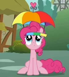 Size: 645x720 | Tagged: cute, derpibooru import, feeling pinkie keen, hat, pinkie pie, safe, screencap, solo, umbrella, umbrella hat