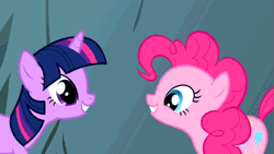 Size: 853x480 | Tagged: safe, derpibooru import, screencap, pinkie pie, twilight sparkle, earth pony, pony, unicorn, feeling pinkie keen, animated, bipedal, cute, diapinkes, eye contact, female, gif, grin, holding hooves, hug, looking at each other, mare, smiling, squee, talking, unicorn twilight