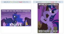 Size: 531x285 | Tagged: derpibooru, derpibooru import, exploitable meme, faic, juxtaposition, juxtaposition win, meme, meta, princess luna, safe, smirk, twiface, twilight sparkle, vulgar, wrong neighborhood