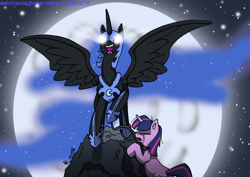 Size: 1280x905 | Tagged: safe, artist:the-wag, derpibooru import, nightmare moon, twilight sparkle, alicorn, pony, unicorn, 30 minute art challenge, bad end, collar, crying, female, glowing eyes, leash, mare, moon