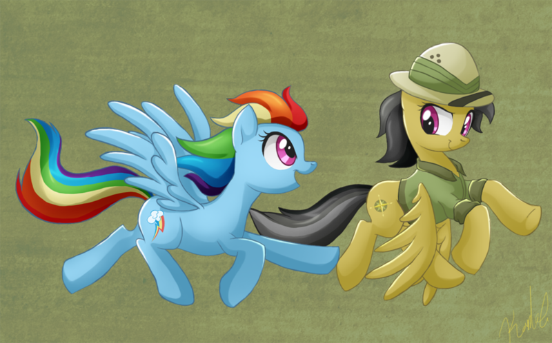 Size: 900x560 | Tagged: safe, artist:sanraia, derpibooru import, daring do, rainbow dash, pegasus, pony, chase, duo, female, happy, mare