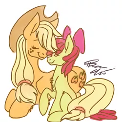 Size: 1800x1800 | Tagged: apple bloom, applejack, artist:thundershock0823, chest fluff, derpibooru import, eyes closed, female, nuzzling, safe, siblings, simple background, sisters