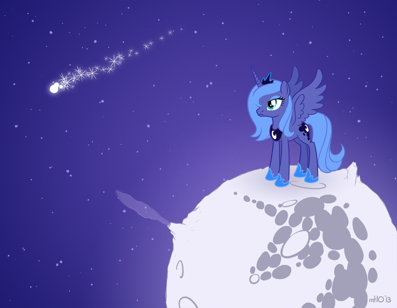 Size: 1286x1000 | Tagged: artist:empty-10, comet, derpibooru import, mare in the moon, moon, princess luna, s1 luna, safe, shooting star, solo, space, the little prince