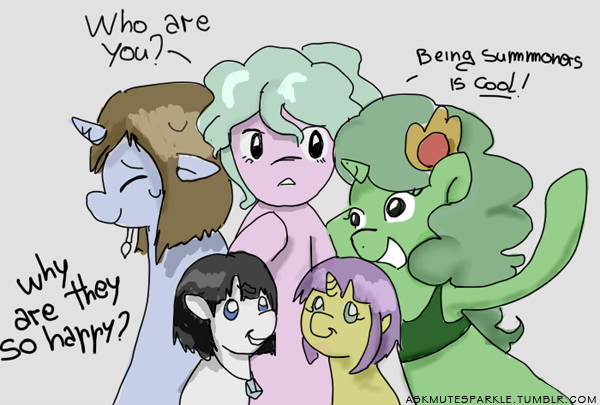 Size: 600x405 | Tagged: safe, artist:askmutesparkle, derpibooru import, ponified, pony, 30 minute art challenge, eiko, final fantasy, garnet, rydia, terra, yuna