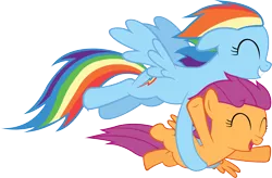 Size: 5000x3286 | Tagged: safe, artist:artpwny, derpibooru import, rainbow dash, scootaloo, pony, absurd resolution, flying, happy, holding a pony, scootalove, simple background, transparent background, vector