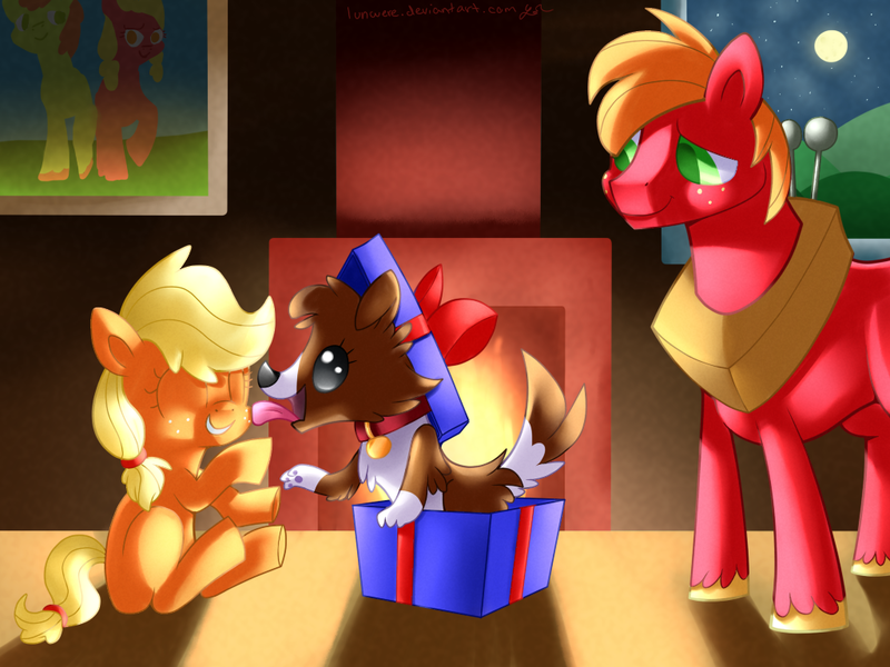 Size: 1024x768 | Tagged: safe, artist:lunchwere, derpibooru import, applejack, big macintosh, winona, dog, bow, bust, cute, female, filly, fireplace, licking, portrait, present, puppy, tongue out