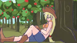 Size: 860x480 | Tagged: applejack, artist:slipe, derpibooru import, front knot midriff, human, humanized, looking at you, midriff, orchard, resting, safe, solo, tree