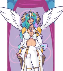 Size: 860x972 | Tagged: artist:slipe, breasts, busty princess celestia, changeling, cleavage, derpibooru import, female, horn, horned humanization, human, humanized, princess celestia, queen chrysalis, safe, winged humanization, wings