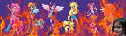 Size: 2048x593 | Tagged: safe, derpibooru import, applejack, fluttershy, pinkie pie, rainbow dash, rarity, twilight sparkle, anthro, human, equestria girls, burning, clothes, disaster girl, eared humanization, equestria girls drama, fire, humanized, mane six, ponytail, skirt, winged humanization, wings