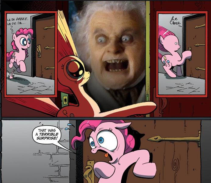 Size: 926x802 | Tagged: bilbo baggins, derpibooru import, exploitable meme, lord of the rings, meme, nightmare fuel, obligatory pony, pinkie pie, safe, surprise door