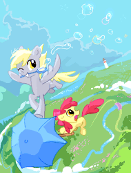 Size: 458x604 | Tagged: safe, artist:tomatocoup, derpibooru import, apple bloom, derpy hooves, pegasus, pony, bubble, bubble wand, female, flockdraw, flying, mare, umbrella, vertigo