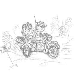 Size: 1000x1000 | Tagged: apple bloom, artist:agm, cutie mark crusaders, derpibooru import, german, military, motorcycle, radio, safe, scootaloo, sidecar, simple background, sketch, sweetie belle