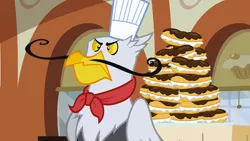 Size: 1280x720 | Tagged: safe, derpibooru import, screencap, gustave le grande, gryphon, mmmystery on the friendship express, eclair, food, unamused
